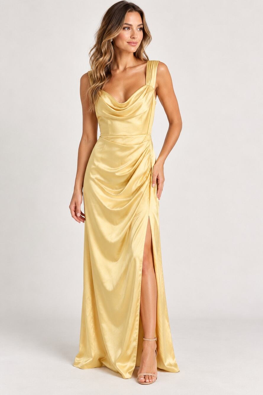 NWT Maniju Butter Yellow Satin Maxi Dress M Cowl Neck Draped Slit Formal Gown